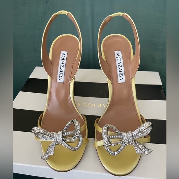 Aquazzura Babe satin slingback sandals with crystal-embellished bow at the toe. - Picture 4 of 9